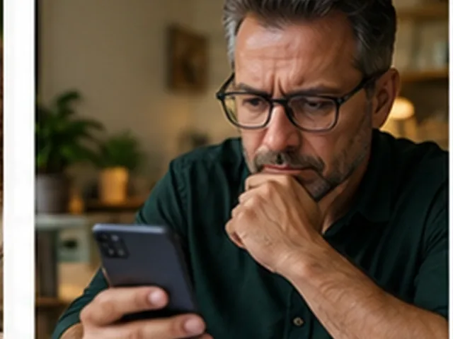 Homem de óculos olhando com atenção para o celular para conferir se uma proposta de compra de dívida é golpe