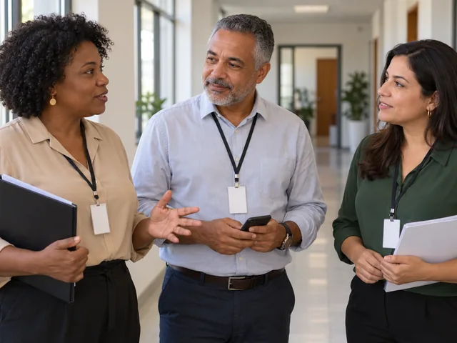 Três servidores públicos conversando em uma repartição sobre o consignado municipal, estadual e federal