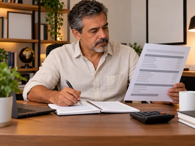 Servidor público anotando em um caderno enquanto confere o contracheque e a reserva de margem do Cartão Benefício (RCC)