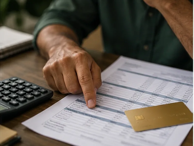 Mão apontando o desconto do Cartão Benefício no contracheque, ao lado de uma calculadora e do cartão